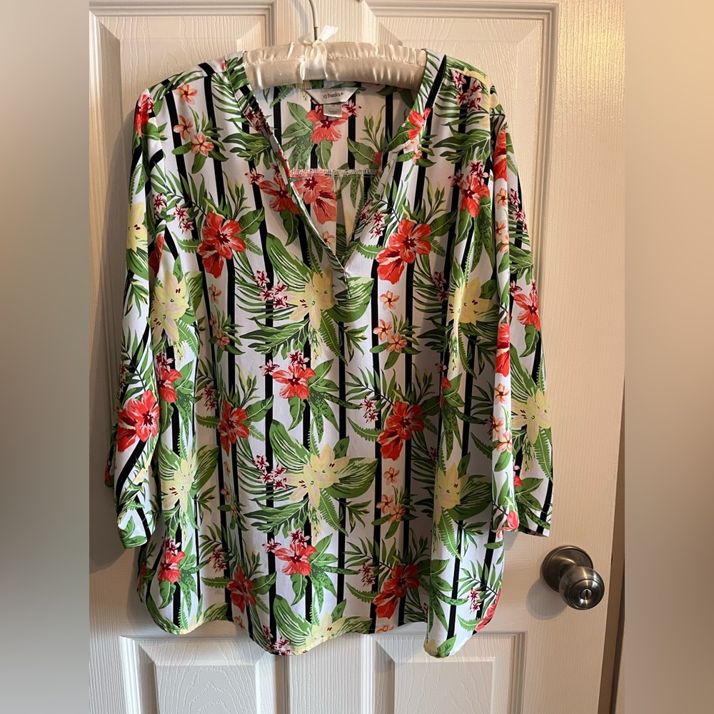 CJ Banks Tropical Floral Striped V Neck Blouse